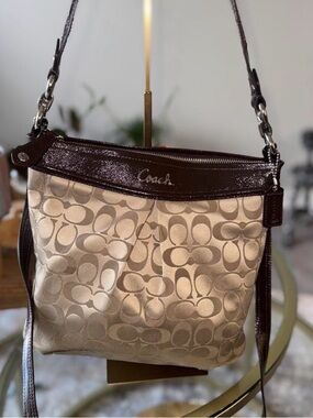 Coach Ashley Signature Hippie convertible shoulder bag in khaki and mahogany.